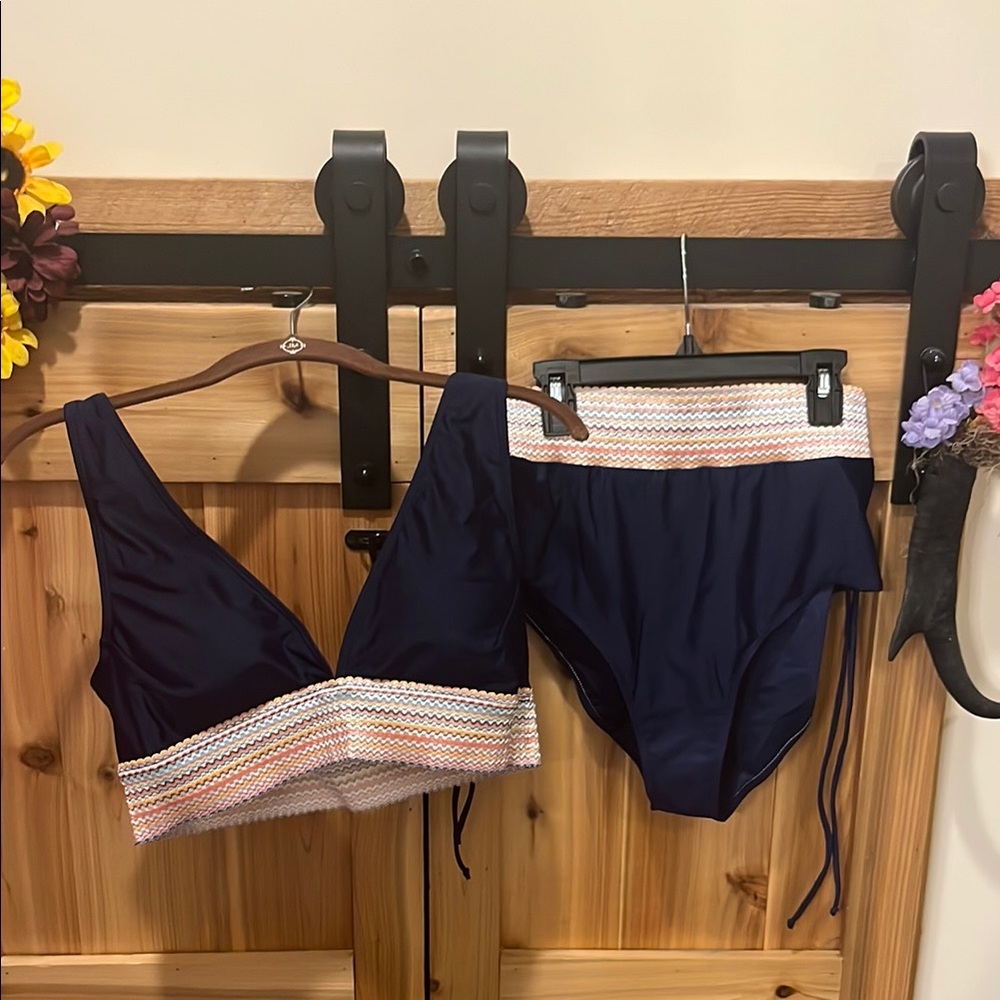 Navy Blue Bikini Set with Multicolor Trim
